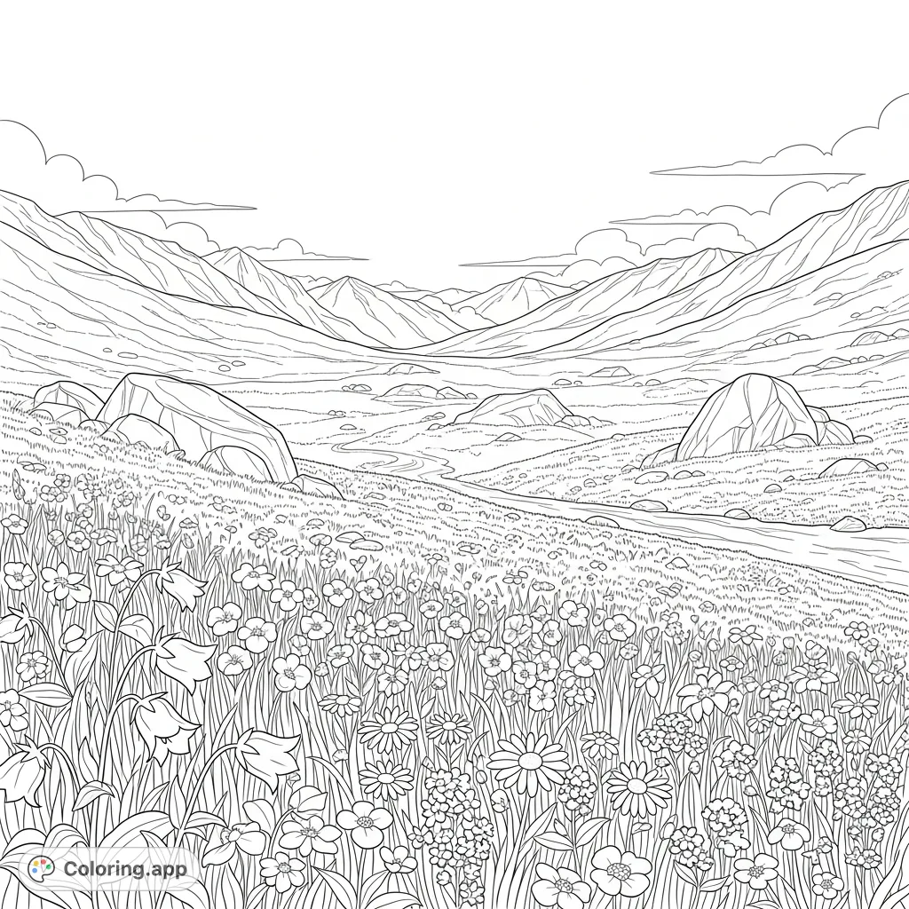 Explore a breathtaking high-alpine meadow teeming with diverse wildflowers, sloping hills, rugged rocky outcrops, and distant mountain peaks. A serene landscape.