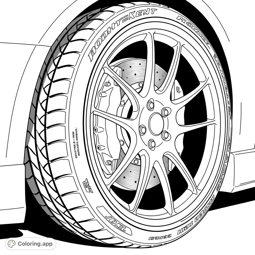 Detailed automotive wheel coloring page featuring a multi-spoke rim, high-performance tire, and intricate brake system. Perfect for car enthusiasts!
