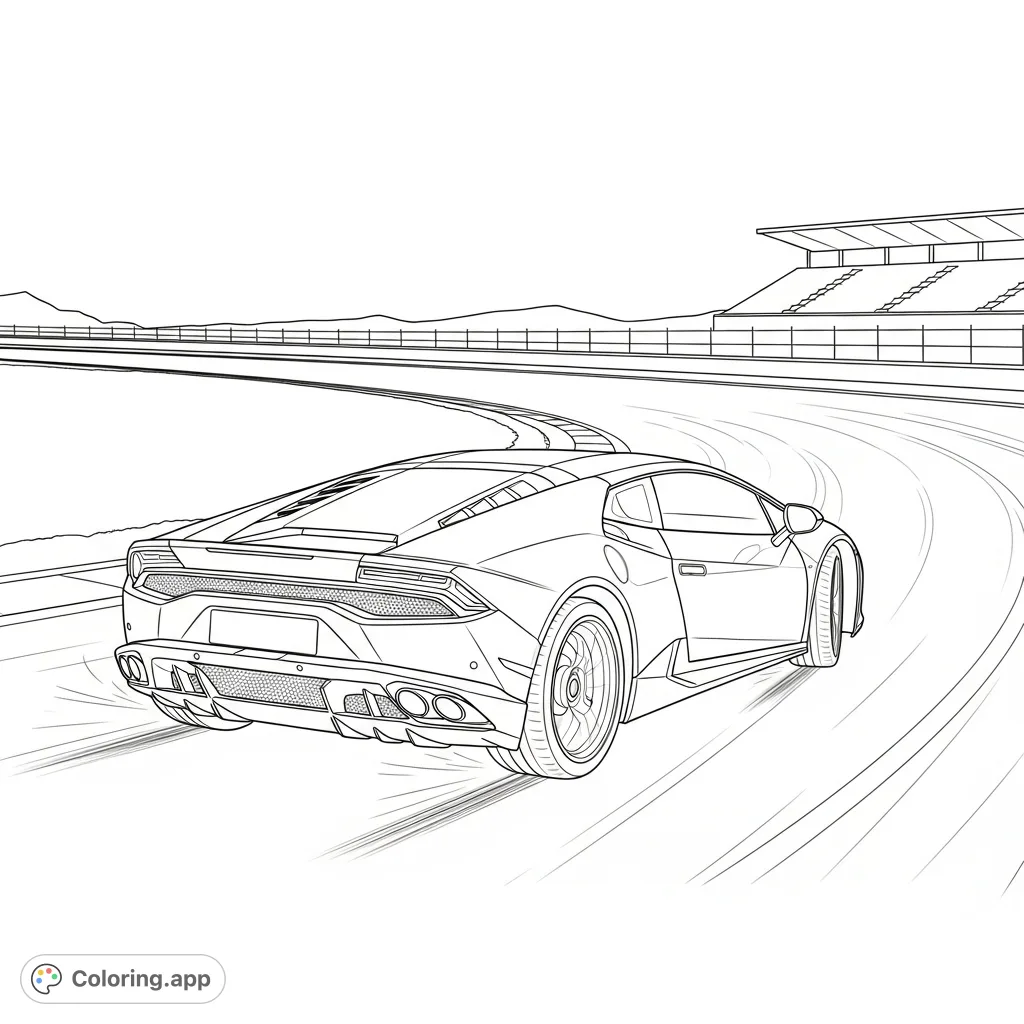Experience the thrill of a sleek, Huracán-style coupe drifting dynamically around a challenging racetrack hairpin turn. Perfect for speed enthusiasts.