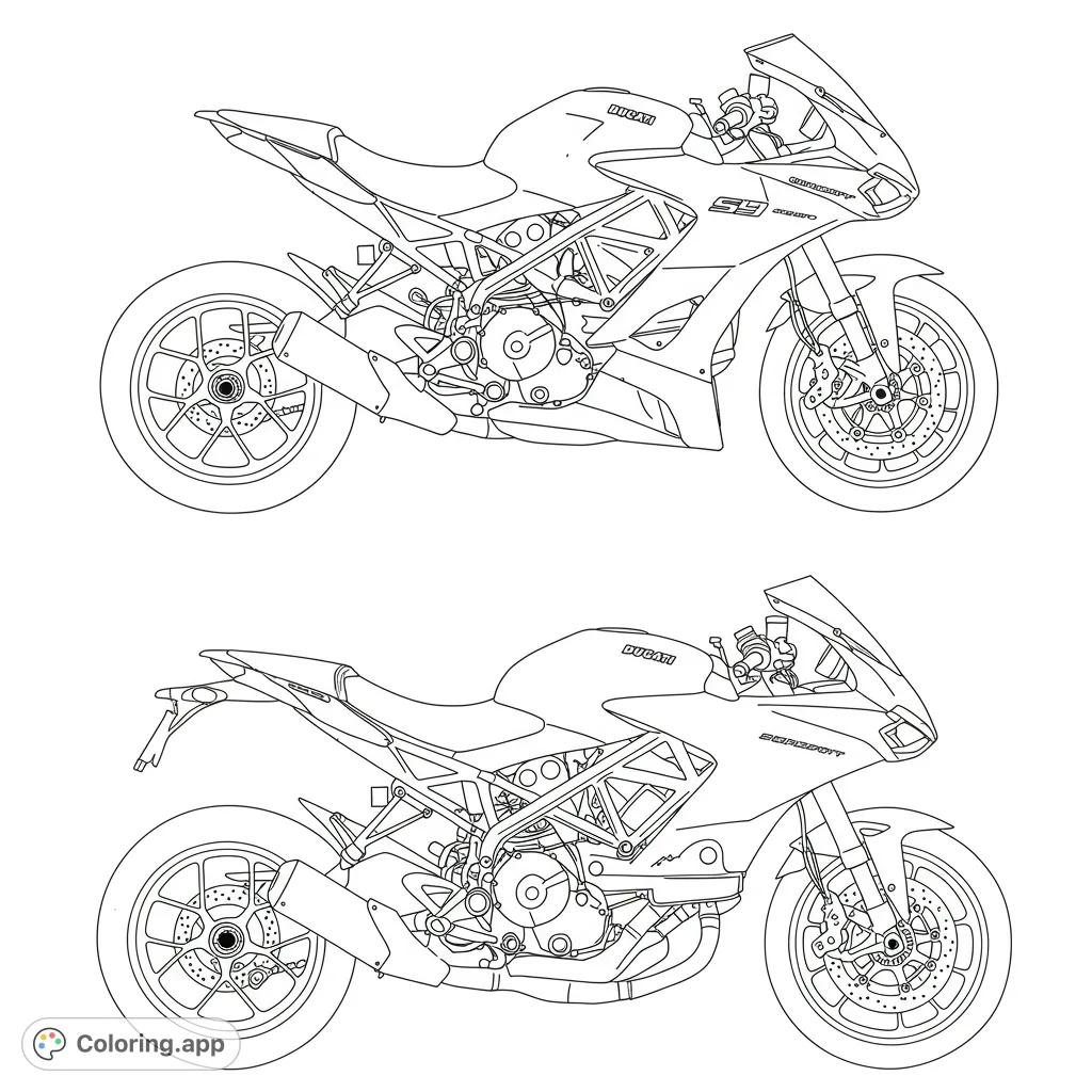 Detailed line art of two high-performance motorcycles, perfect for enthusiasts. Explore intricate engine parts and sleek designs.