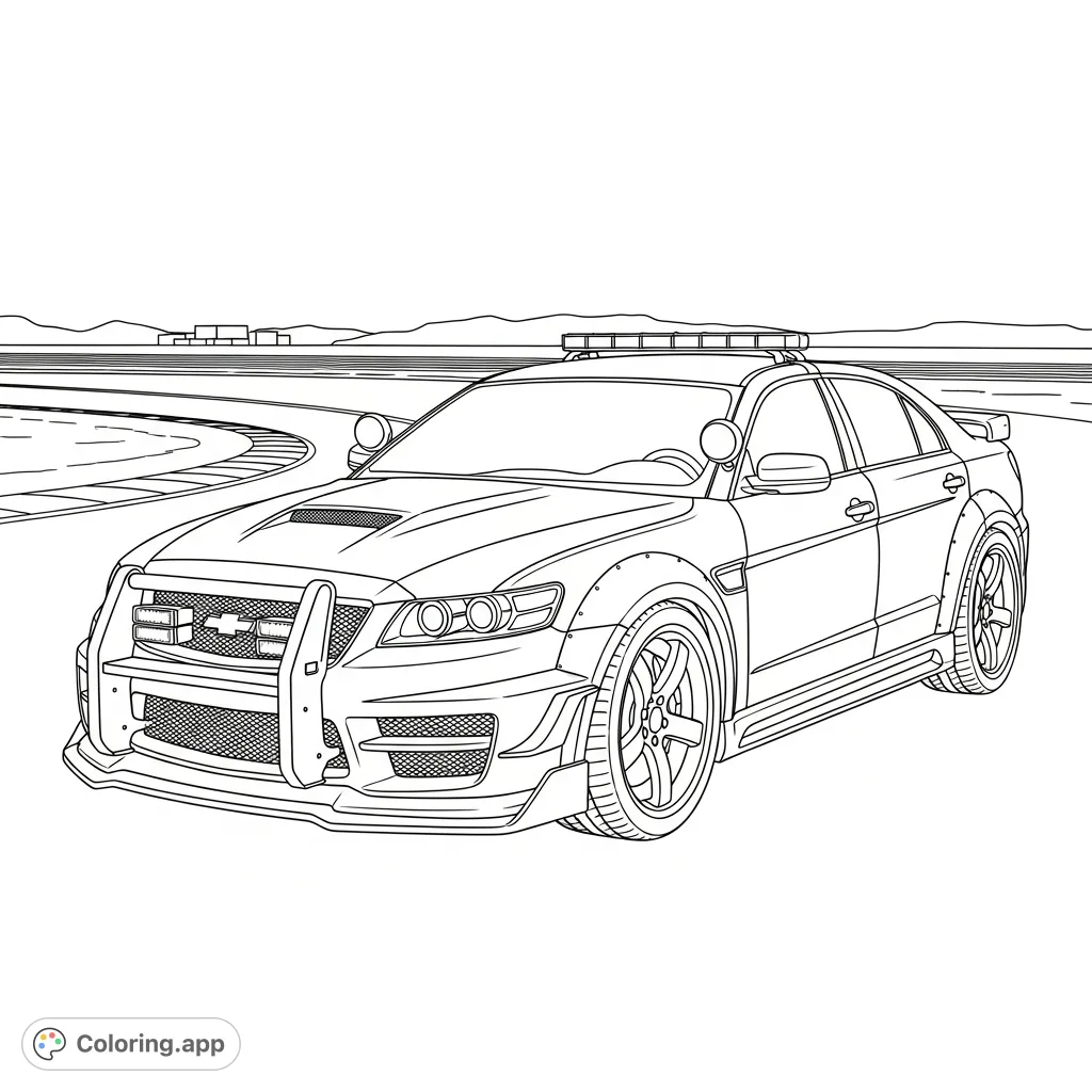 Color a detailed police interceptor with an aerodynamic body kit and emergency lights, set against a dynamic, minimal racetrack background. Perfect for vehicle enthusiasts.