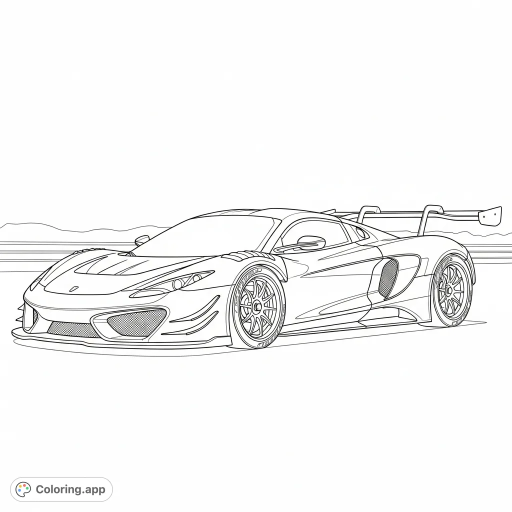 Experience the thrill of speed with this detailed supercar coloring page. Featuring wide racing tires and a massive rear wing, ready for your artistic touch.