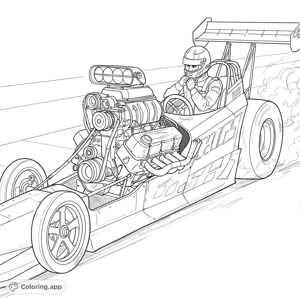 Experience the thrill of speed with this detailed dragster coloring page. A powerful race car with an exposed engine and driver, ready for action.