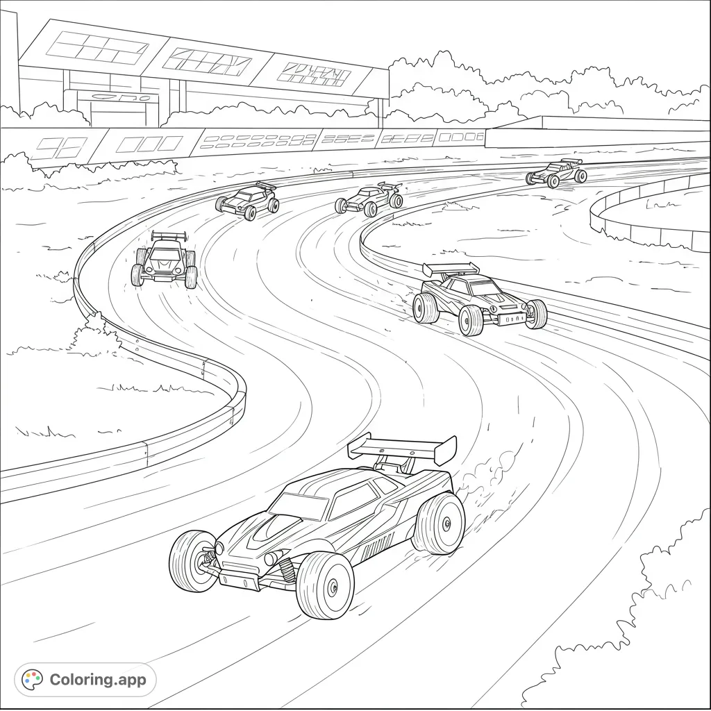 Experience the thrill of a high-speed race with multiple cars on a winding track. Perfect for car enthusiasts and action-packed coloring fun!