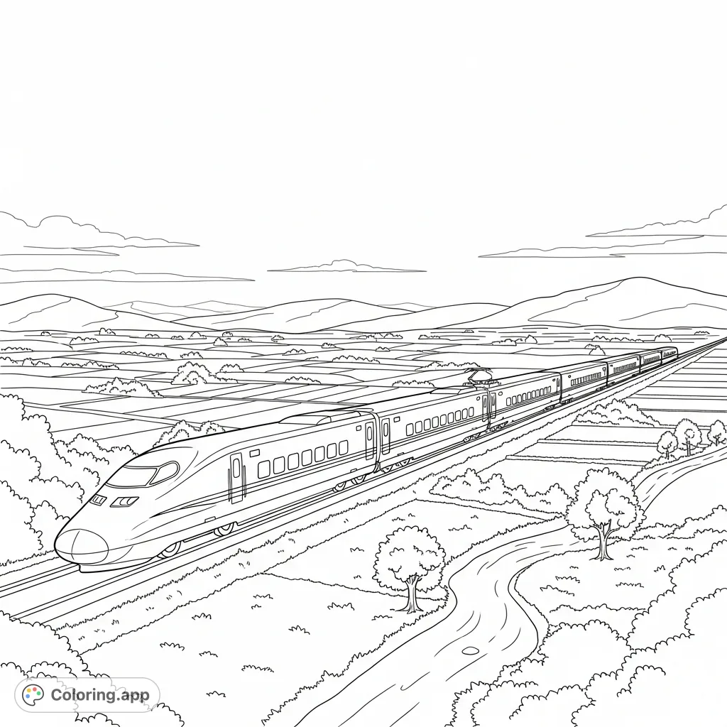 A sleek, bullet-train-inspired high-speed train glides through picturesque rolling countryside, featuring fields, trees, and distant hills.