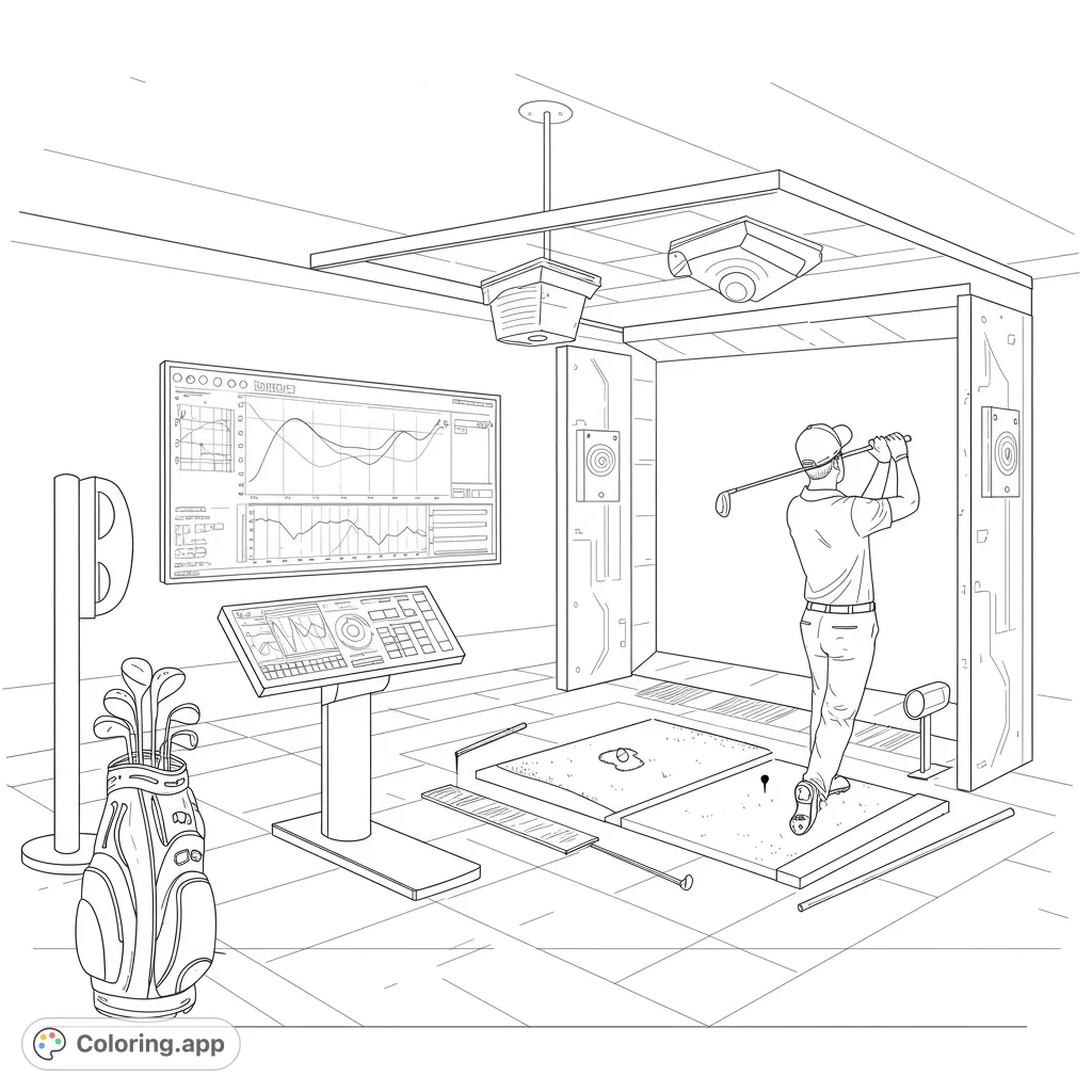 Experience the thrill of a high-tech golf simulator! A golfer in mid-swing, surrounded by detailed equipment and data screens, ready for your colors.