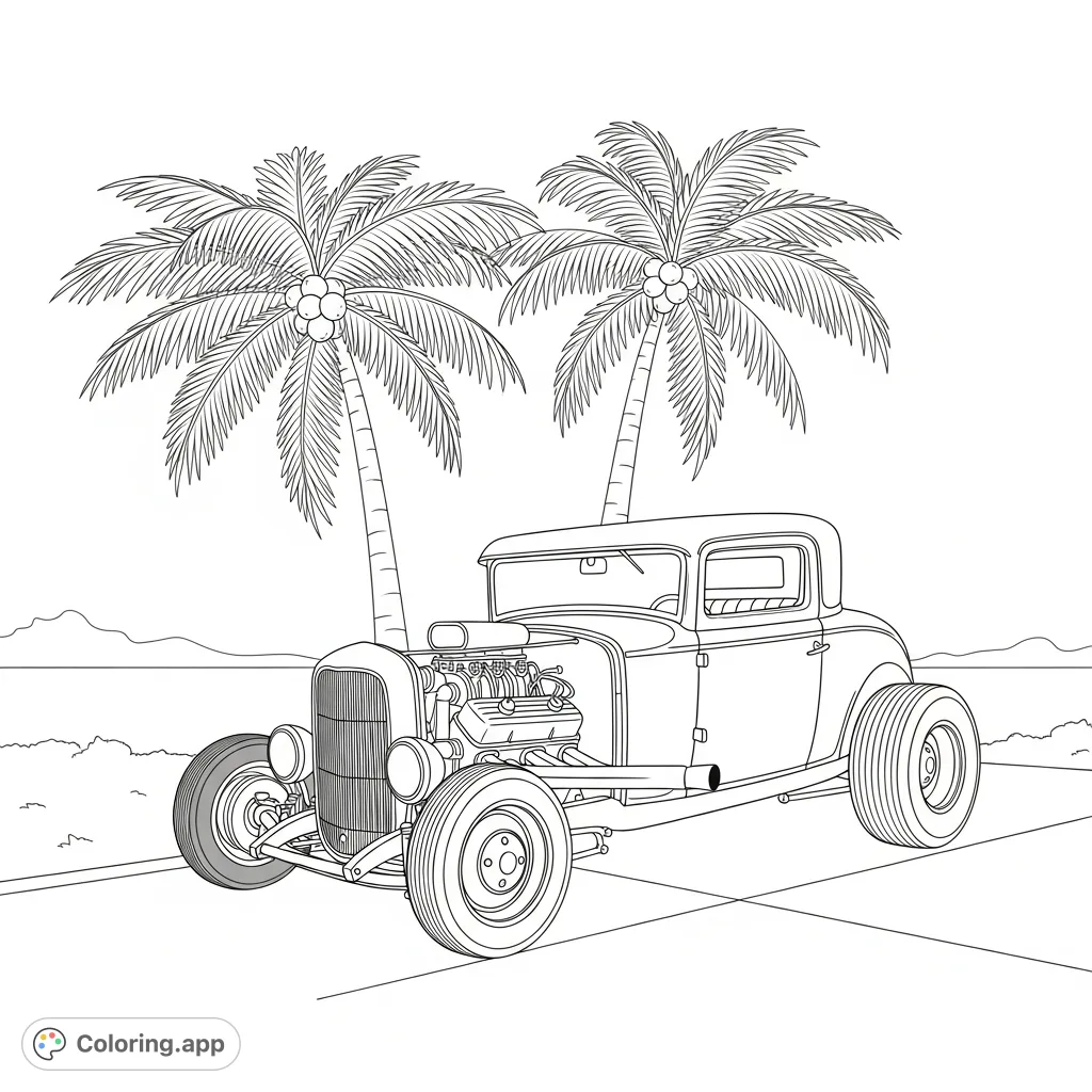 A detailed coloring page featuring a classic highboy hot rod with an exposed engine, parked under two tall palm trees. Perfect for car enthusiasts.
