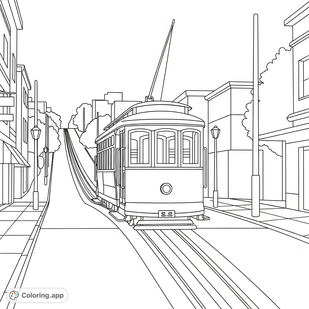 Color a classic cable-car-inspired streetcar ascending a city hill, with simplified rails and street lines, and charming urban background elements.