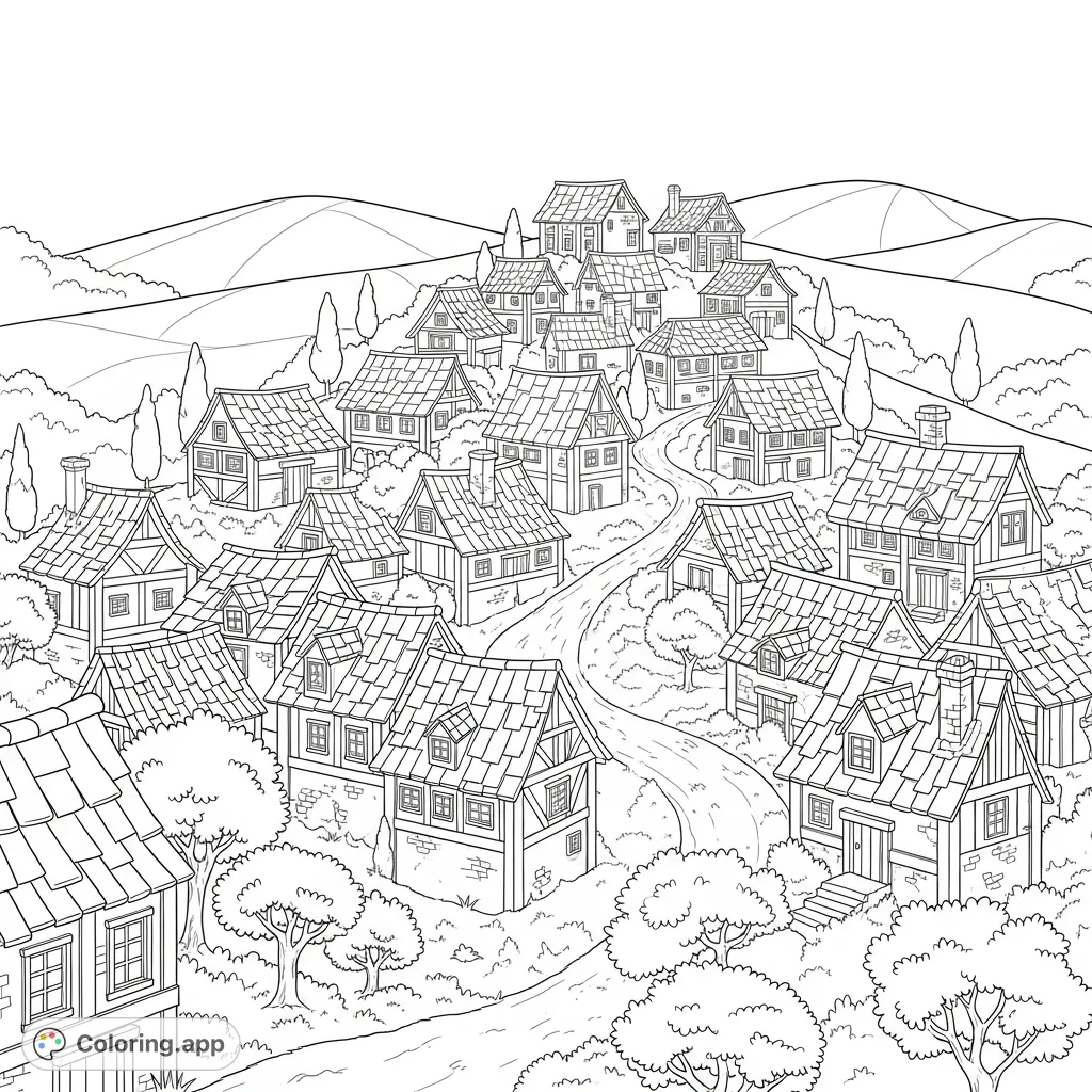 Explore a charming hillside medieval village with layered rooftops, winding paths, and simple trees. A detailed scene for a delightful coloring experience.
