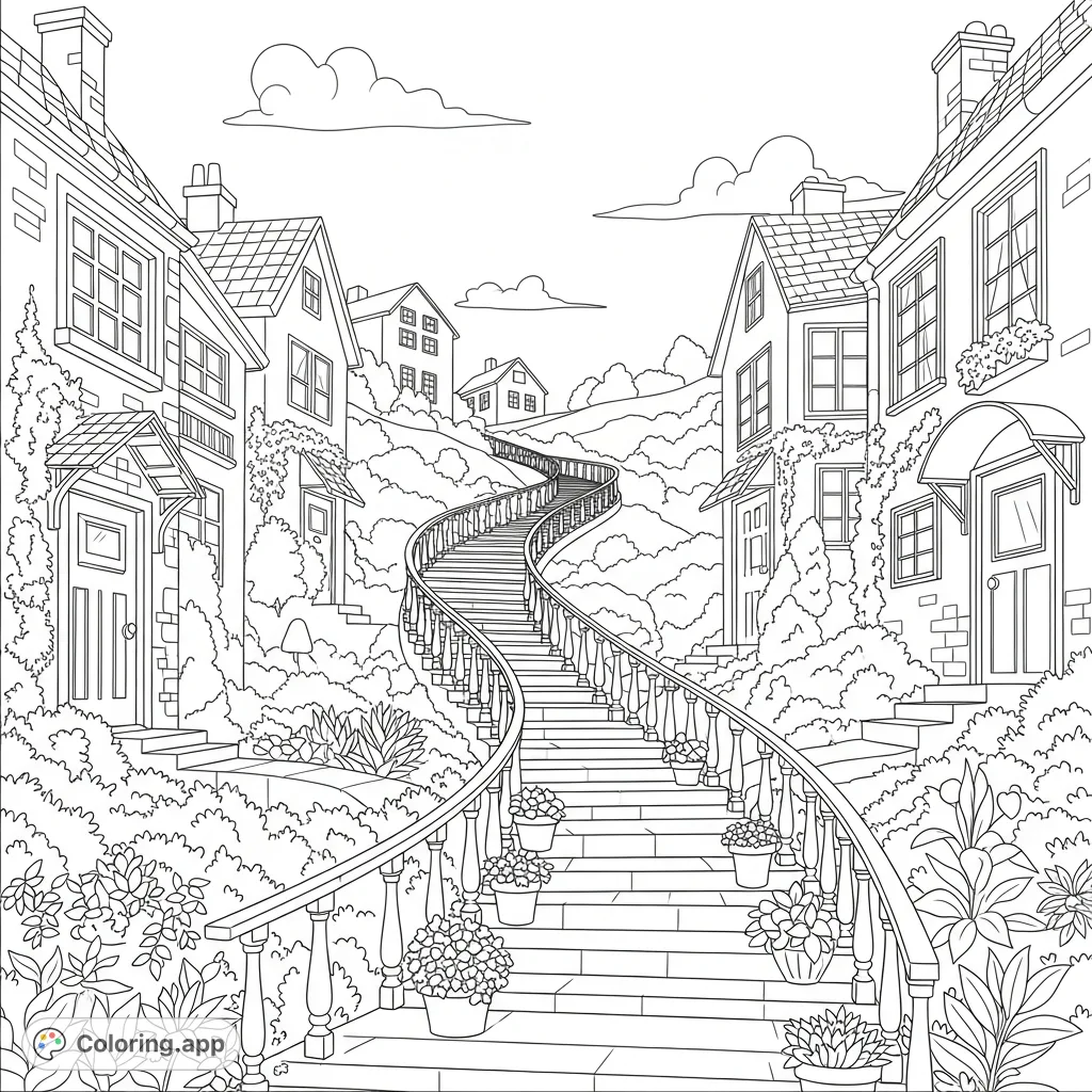 A picturesque hillside stairway winds between charming houses, adorned with lush plants and sturdy railings. An inviting scene ready for your creative touch.