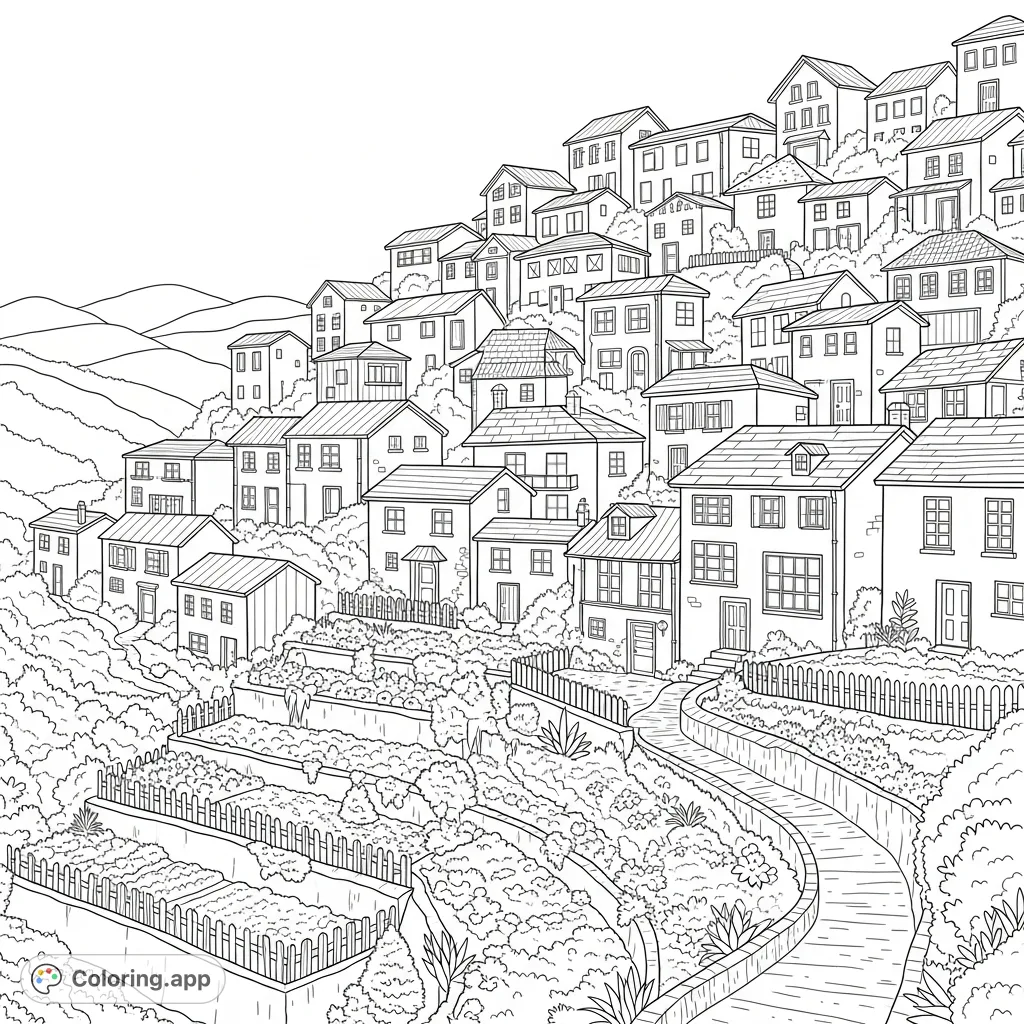Explore a charming hillside village featuring intricately stacked houses, lush terraced gardens, and a winding path leading upward. A delightful scene for detailed coloring.