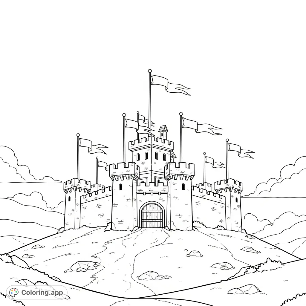 A majestic keep atop a hill, featuring sturdy walls, a grand wooden gate, and multiple banners fluttering proudly against a clear sky.