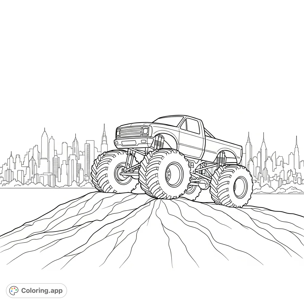 A colossal monster truck dominates a rugged hilltop, gazing over a detailed city skyline silhouette. A thrilling scene of power and urban sprawl.