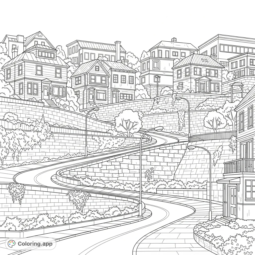 Explore a dynamic hilly city block featuring intricate switchback streets, varied houses, and textured retaining walls. A captivating urban landscape awaits your creative touch.
