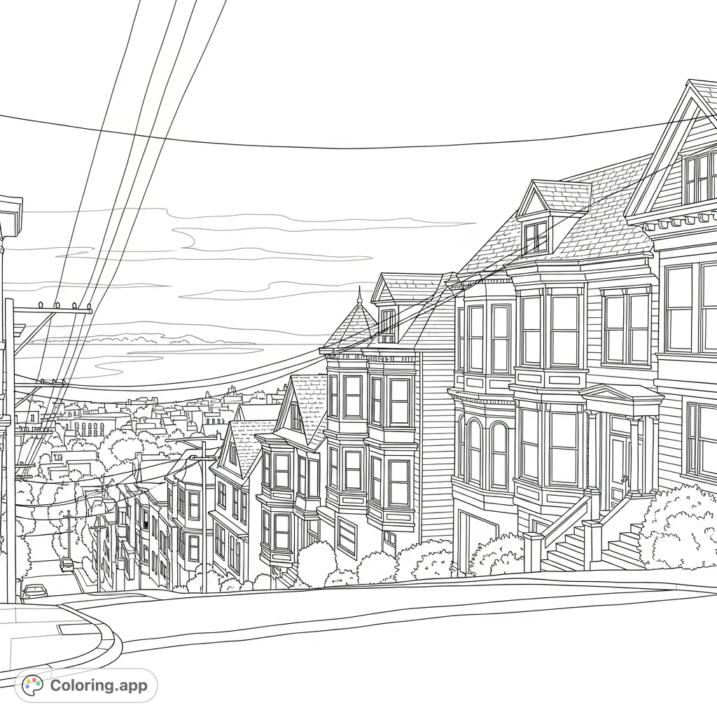 A charming coloring page featuring a steep, hilly Victorian street, complete with ornate houses, simplified overhead wires, and a serene distant bay.