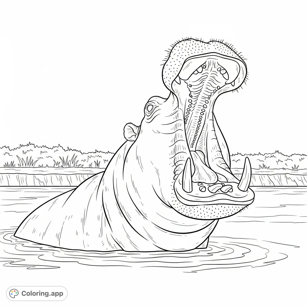 A majestic hippopotamus captured mid-yawn, revealing its powerful jaws and impressive tusks. A captivating scene for nature and animal lovers.