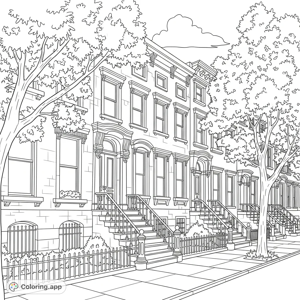 A detailed coloring page featuring a row of classic brownstone buildings with stoops, intricate iron railings, and lush trees lining the sidewalk.