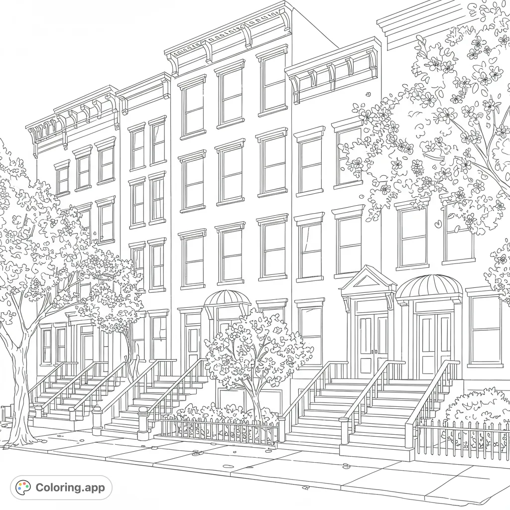 Explore a charming historic city street with detailed brownstones, ornate architecture, and leafy trees. A free printable urban landscape coloring page for all ages.
