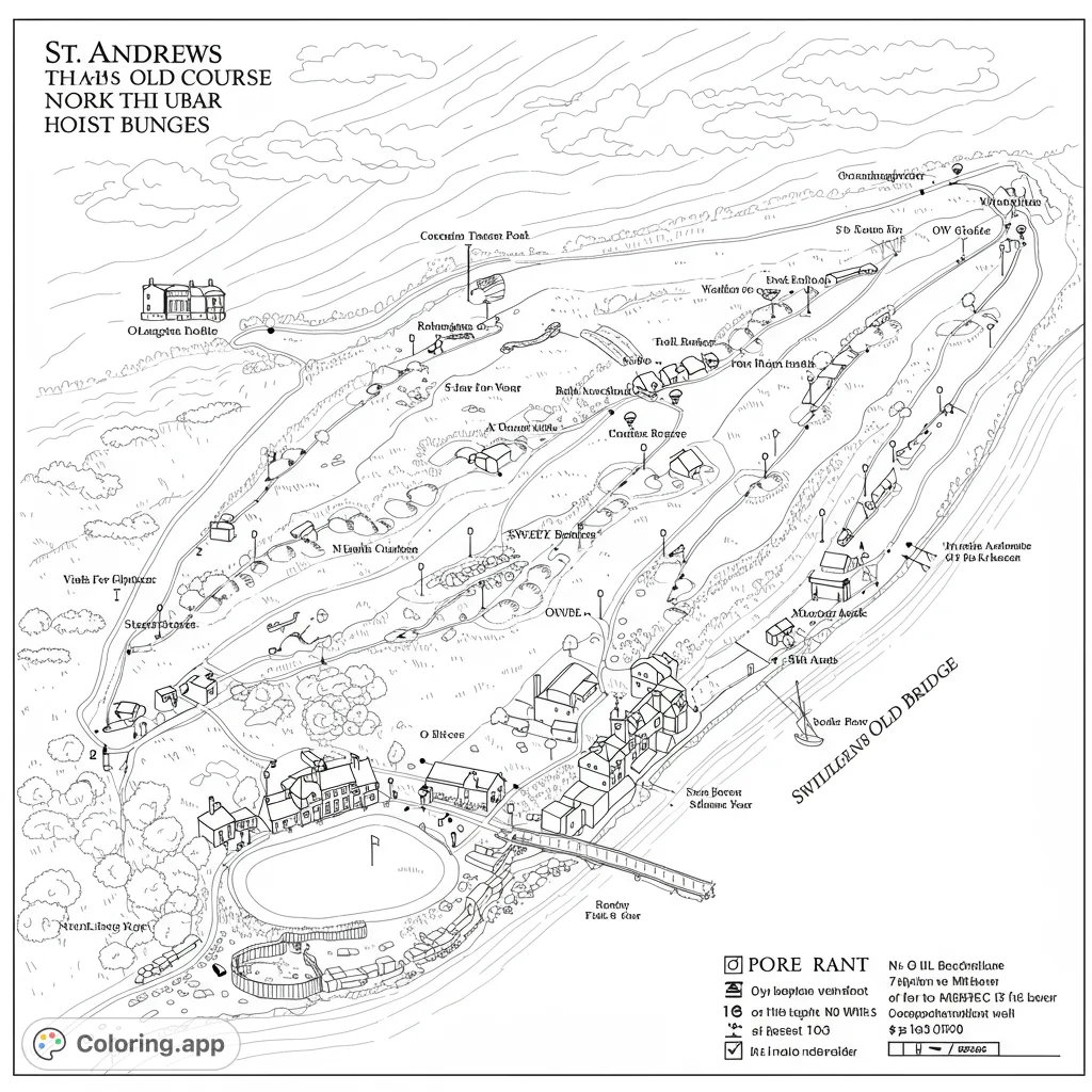 An intricate black and white line drawing of a sprawling golf course map, featuring detailed fairways, buildings, and a classic bridge.