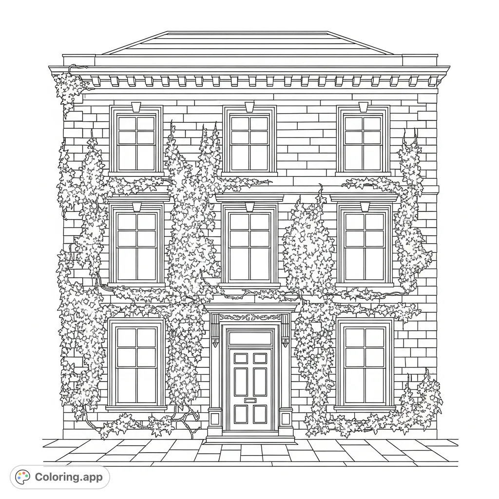 Color a stately historic townhouse with dense ivy climbing its detailed facade, featuring grand windows and an ornate entrance. A complex, rewarding design.