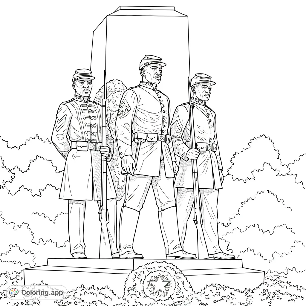 A powerful historic monument coloring page featuring three brave soldiers and a grand obelisk, surrounded by detailed foliage. A free printable coloring page.