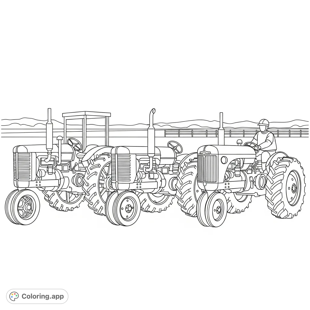 A detailed coloring page featuring a horizontal lineup of three distinct vintage tractors, each showcasing unique design elements from different agricultural eras.