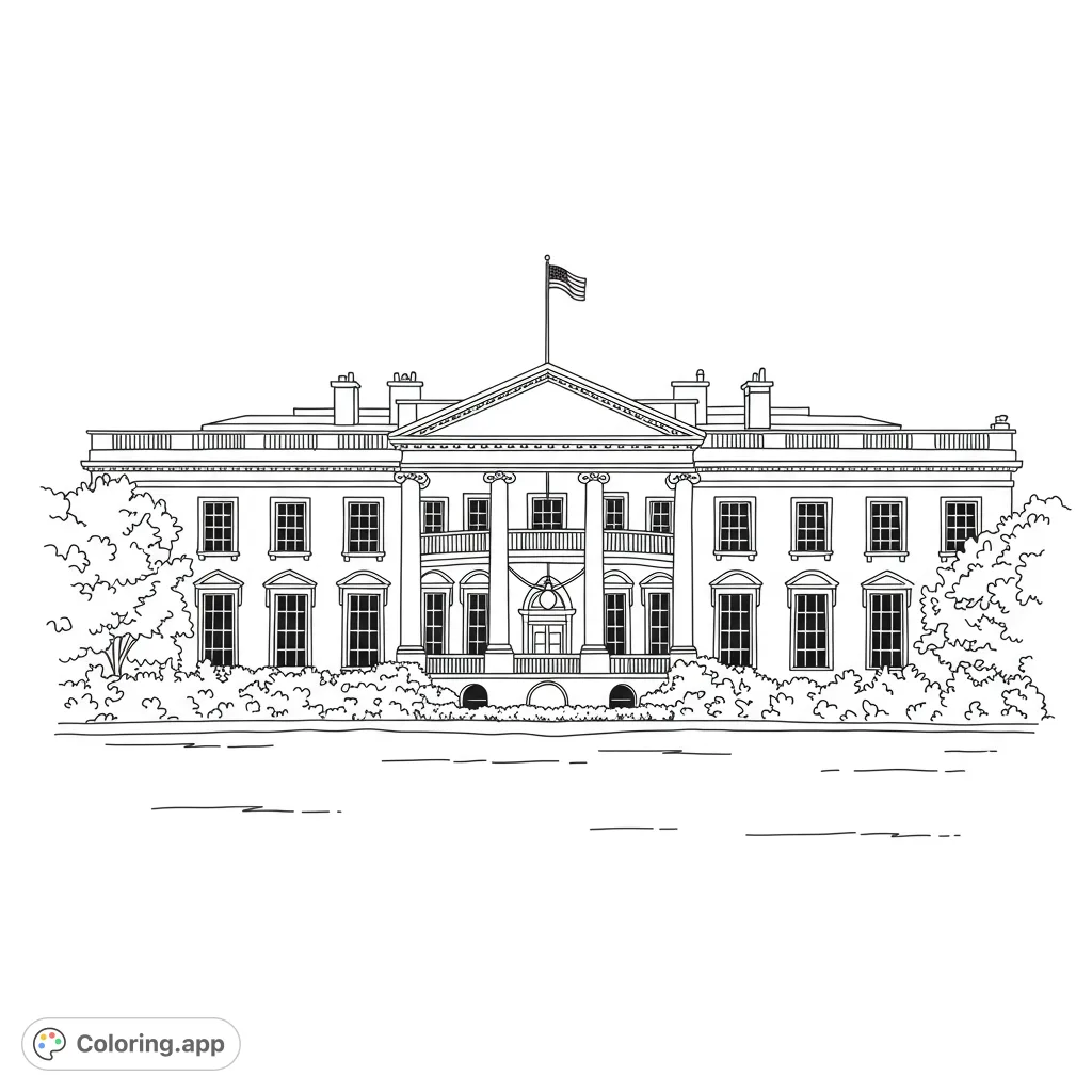 Iconic White House coloring page with detailed architecture, American flag, and lush landscaping. A free printable patriotic coloring page for all ages.
