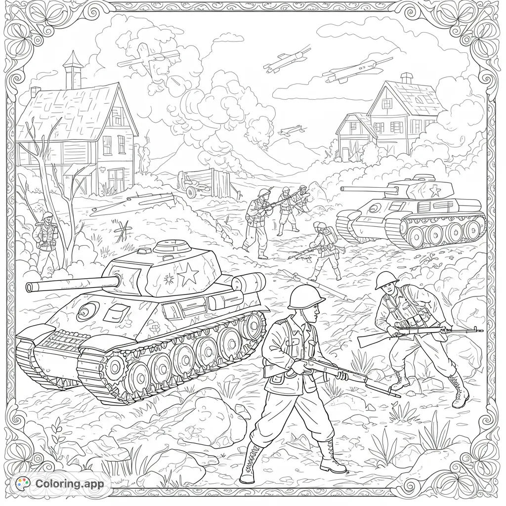 An intense historical battle scene coloring page featuring soldiers, tanks, and airplanes amidst a village backdrop. Free printable coloring page for history enthusiasts.