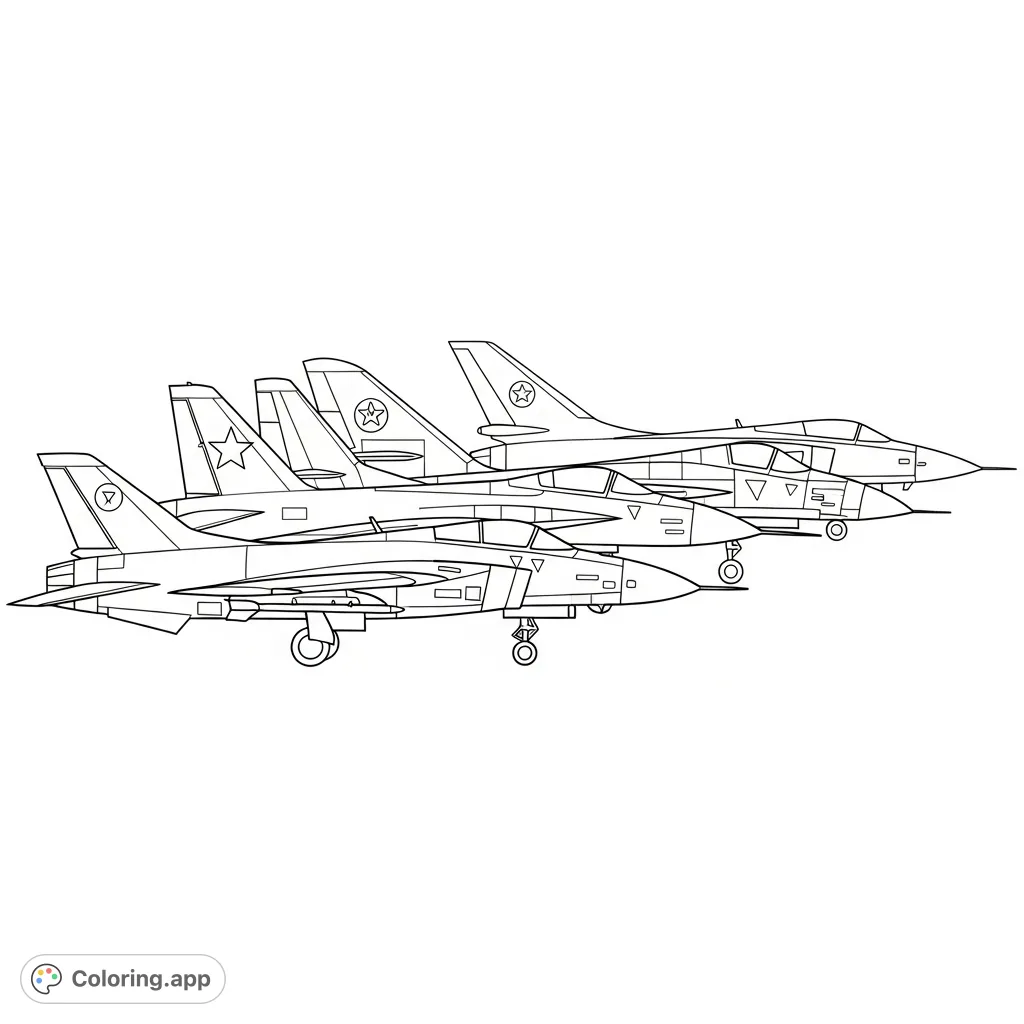 Explore aviation history with a detailed coloring page featuring a lineup of fighter jets from different eras, arranged for clear comparison.