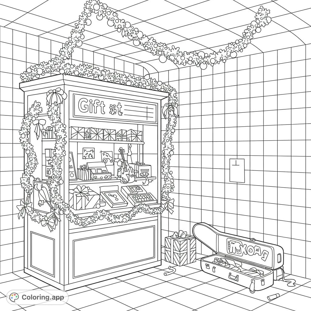 A festive holiday gift shop display adorned with garlands, bows, and presents, featuring a detailed interior and an open violin case.