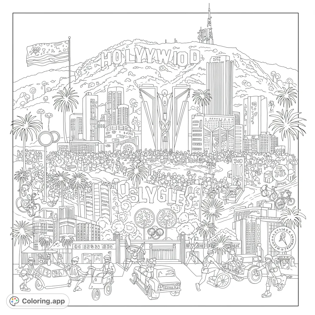 A vibrant Hollywood cityscape with iconic landmarks, a massive crowd, and lively activities, perfect for detailed coloring.