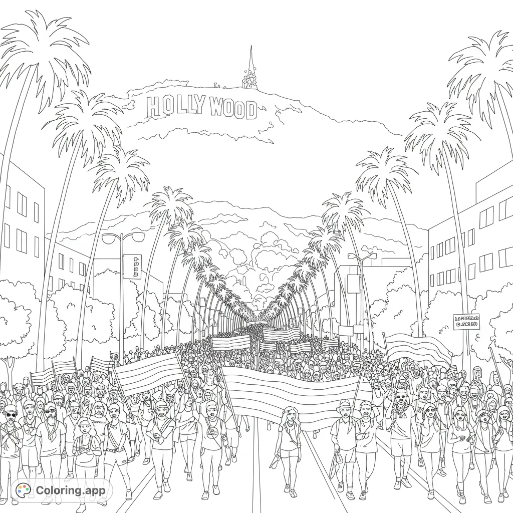 Join a vibrant parade down a palm-lined Hollywood street, with a diverse crowd celebrating under the iconic Hollywood sign. A free printable coloring page.