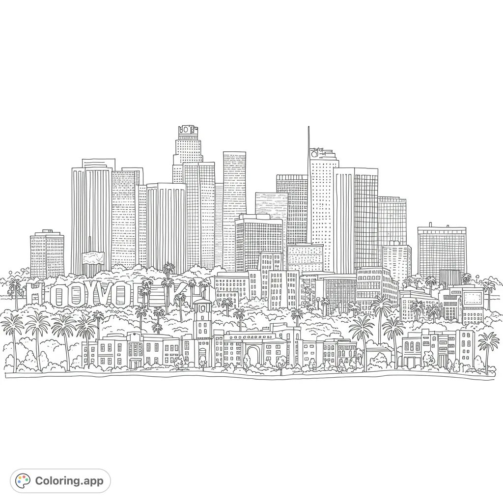 Color a vibrant Los Angeles cityscape featuring the iconic Hollywood sign, towering skyscrapers, and lush palm trees. A free printable city coloring page for all ages.