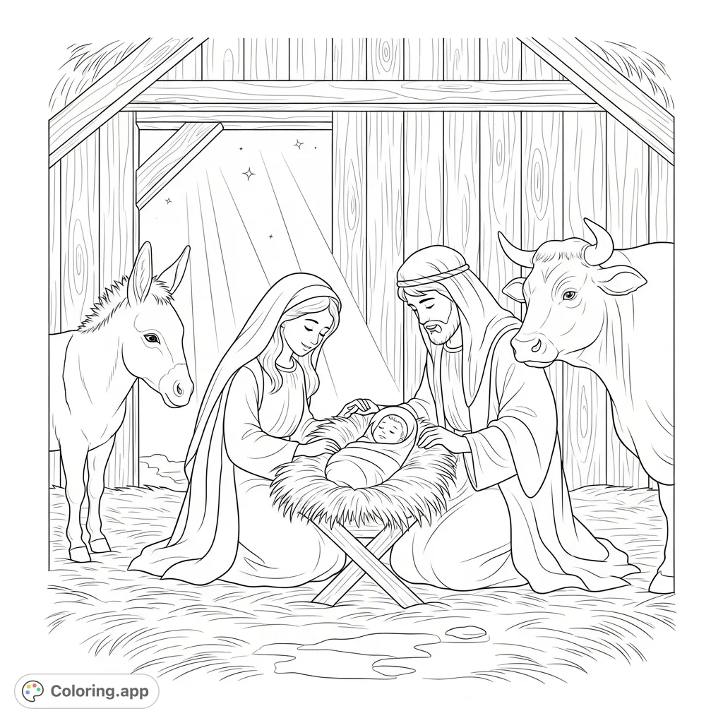 A peaceful Nativity scene depicting Mary, Joseph, and infant Jesus in a rustic stable, with gentle animals and soft, illuminating light.