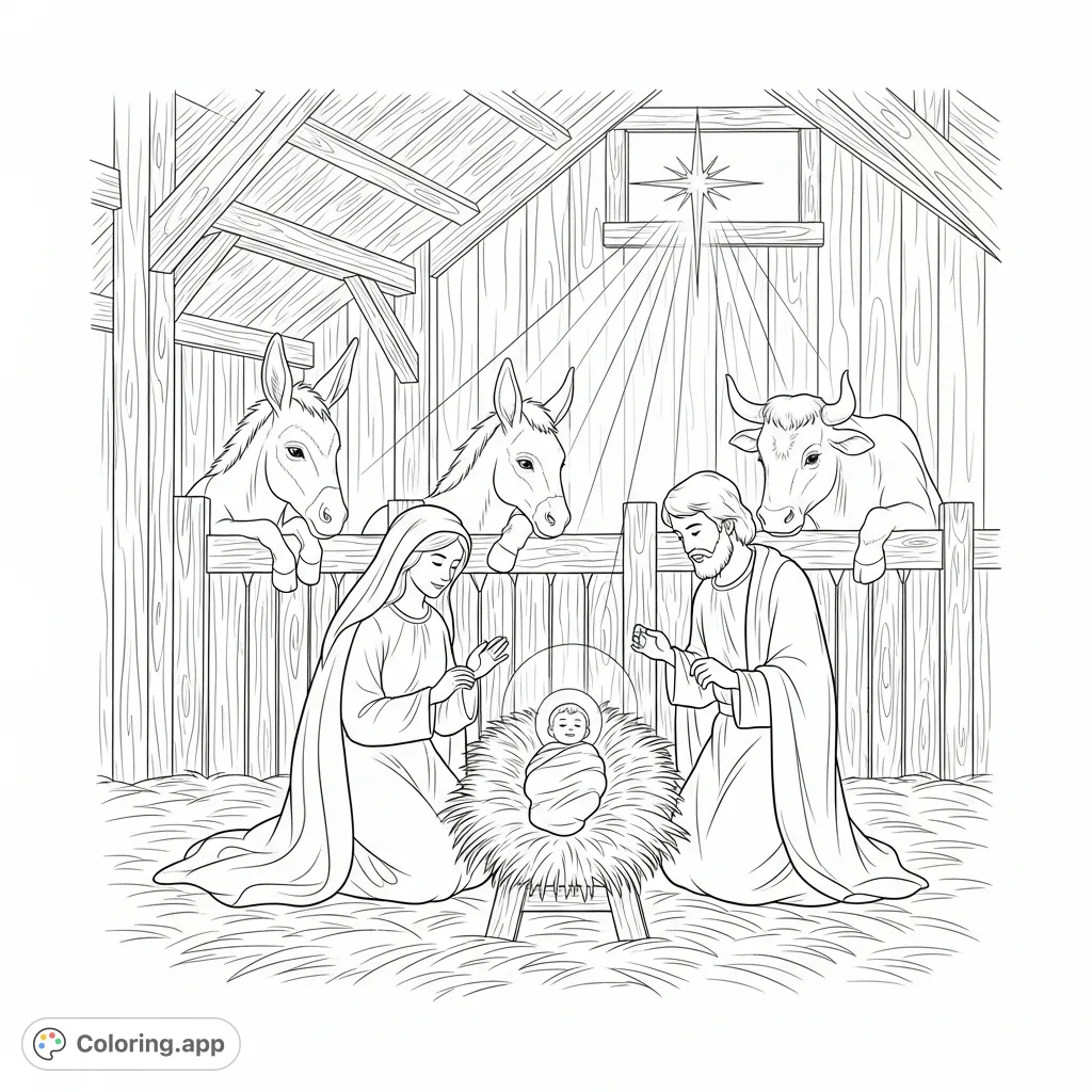 Experience the serene Nativity scene with Mary, Joseph, infant Jesus, and stable animals. A humble setting illuminated by a bright star. Perfect for reflection.
