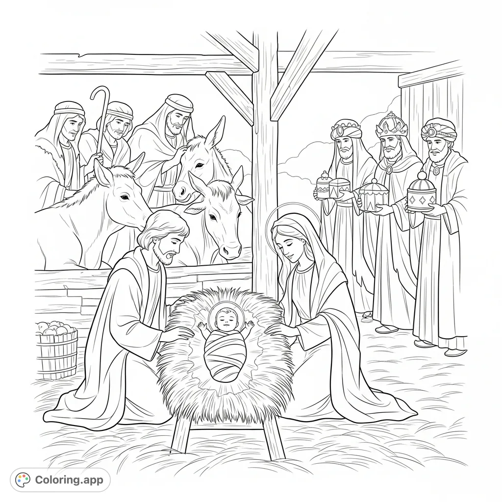 Discover a timeless Nativity scene: infant Jesus in a manger, Mary and Joseph kneeling, peaceful animals, shepherds, and wise men with ornate gifts.