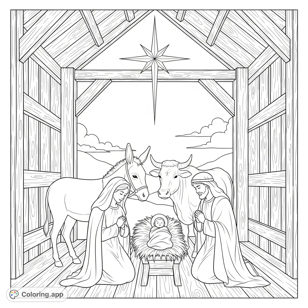 Experience the timeless wonder of the Nativity scene. Mary, Joseph, and infant Jesus, with animals under a radiant guiding star in a humble stable.