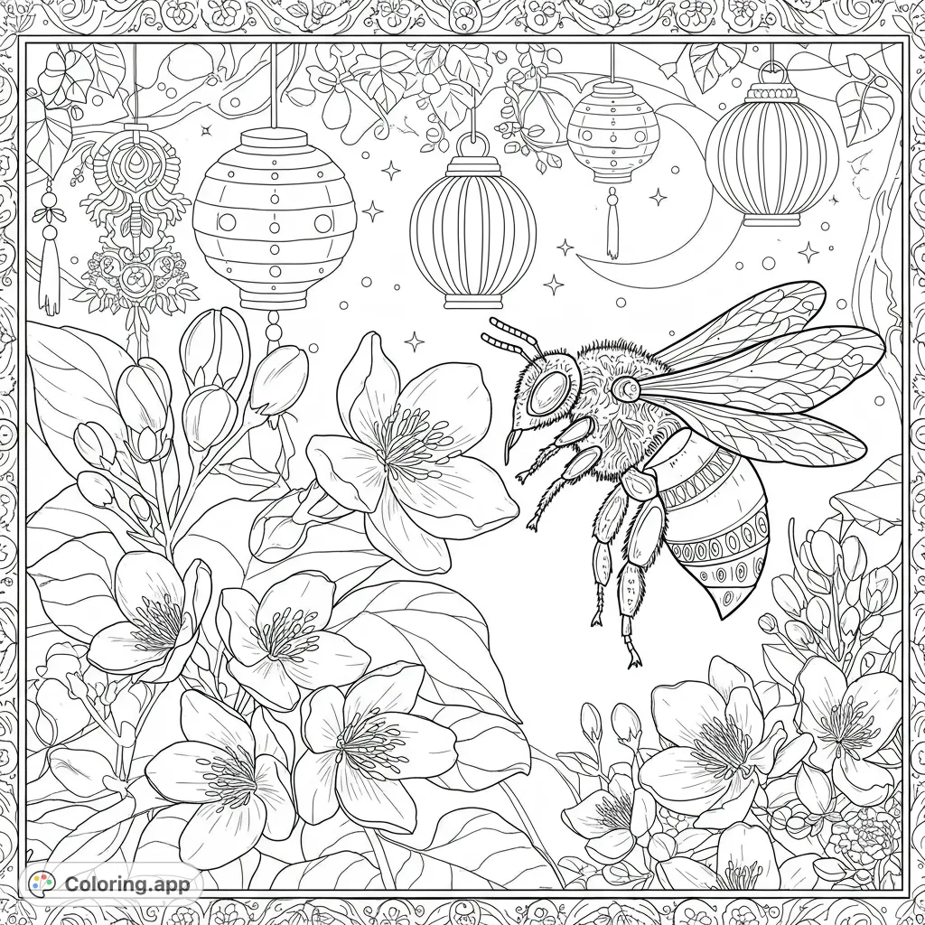 A detailed honeybee hovers among delicate jasmine flowers and whimsical hanging lanterns, framed by an ornate border. A beautiful nature-inspired scene.