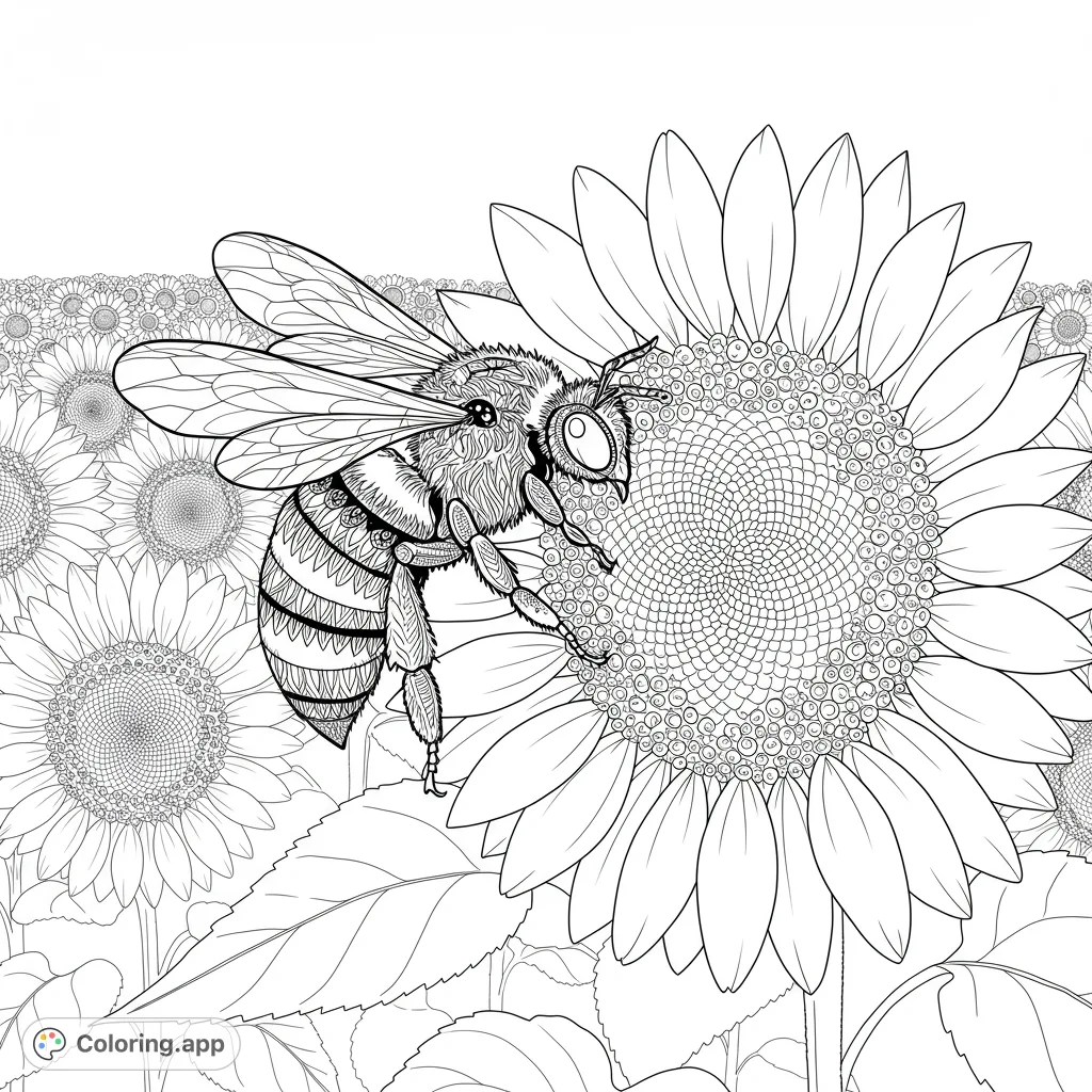 A detailed honeybee rests on a vibrant sunflower, surrounded by a field of blooms. Perfect for nature lovers and intricate coloring.