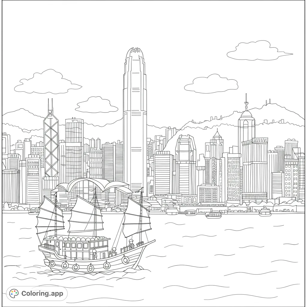 A traditional junk boat sails across a harbor with a detailed Hong Kong cityscape and mountains in the background. Perfect for city and travel enthusiasts.