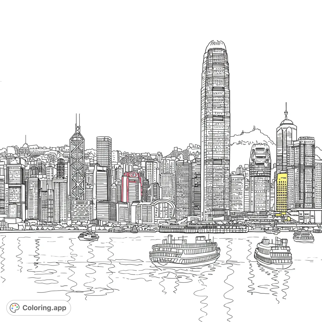 Iconic Hong Kong skyline with towering skyscrapers and bustling ferries on Victoria Harbour. A detailed cityscape free printable coloring page.