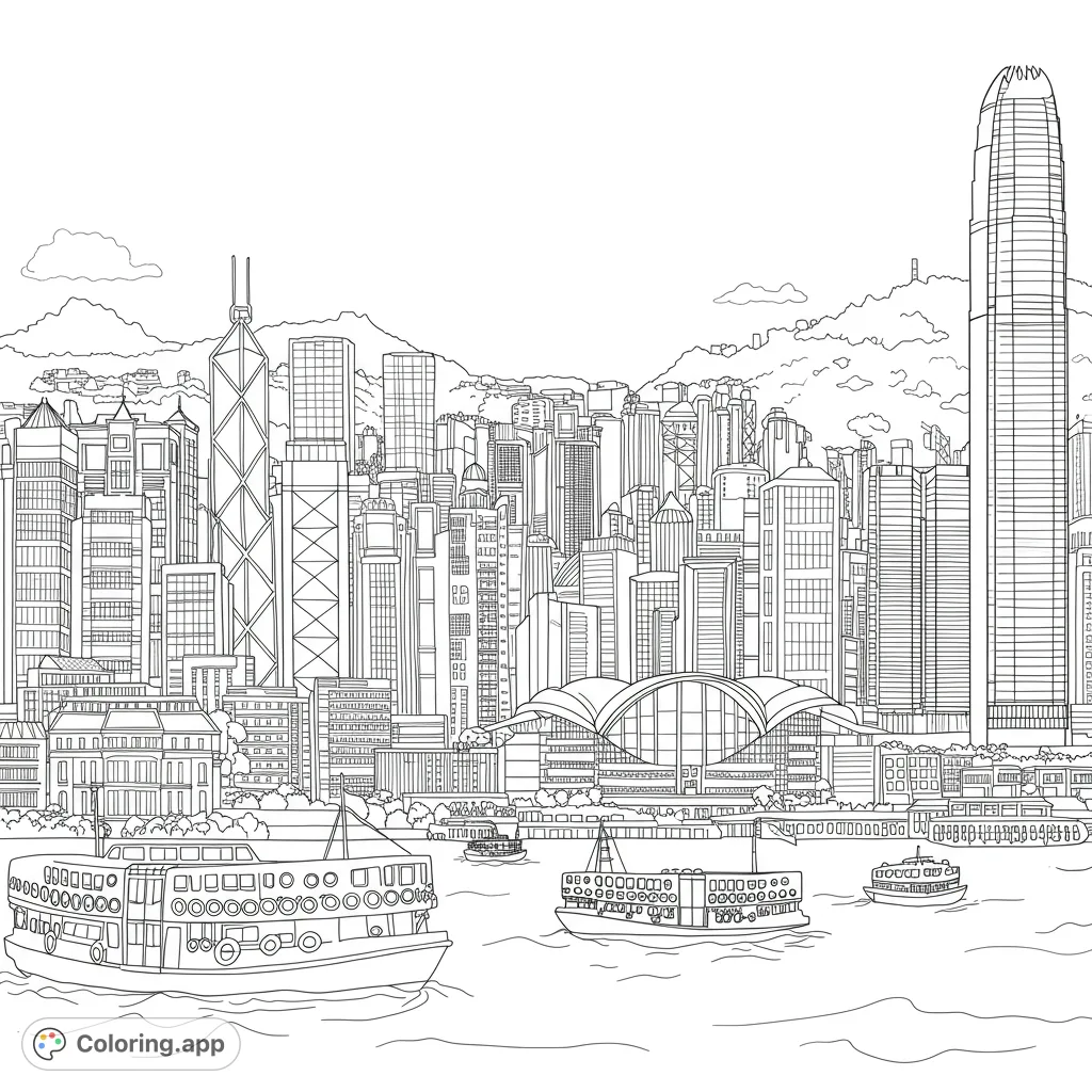Detailed Hong Kong cityscape coloring page featuring iconic skyscrapers, bustling harbor ferries, and distant mountains. A complex urban scene for all ages.