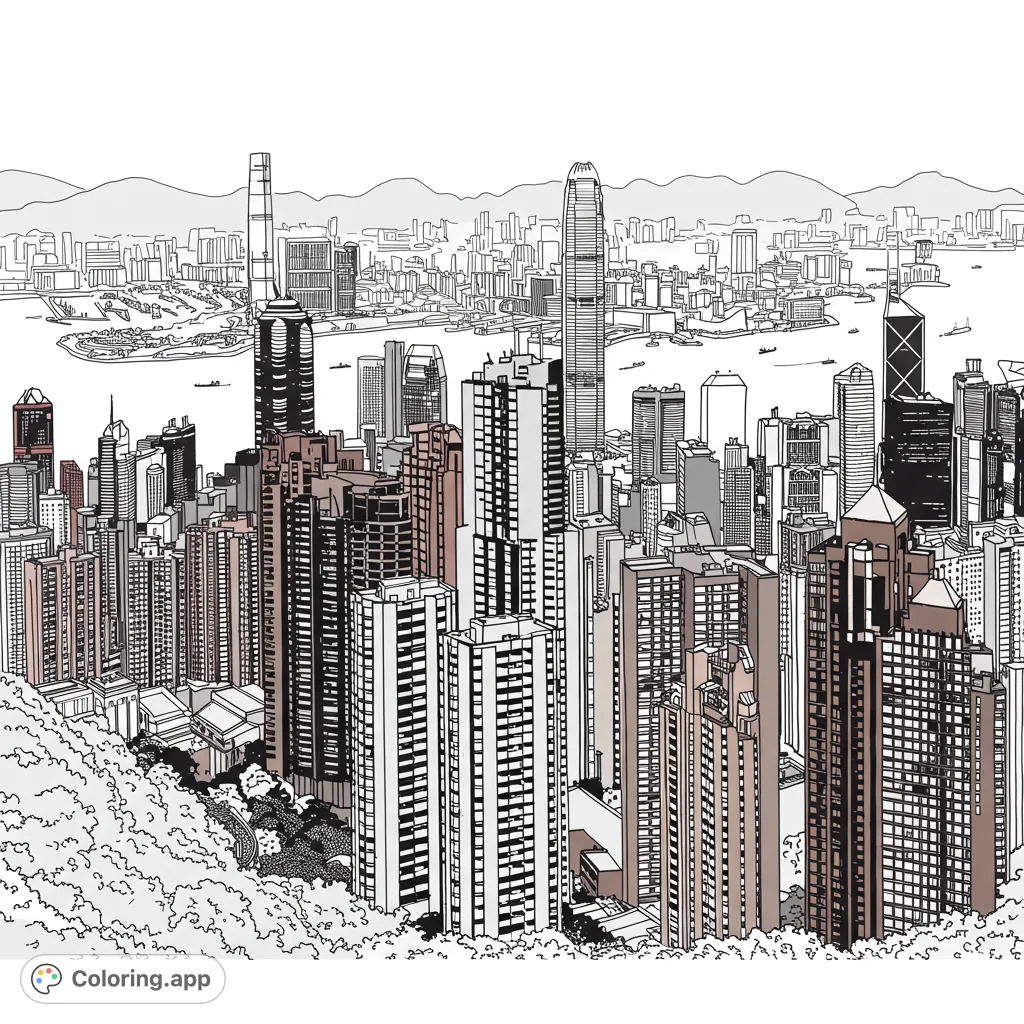 Explore a detailed Hong Kong cityscape coloring page, featuring towering skyscrapers, a bustling harbor, and distant mountains. A free printable urban adventure!