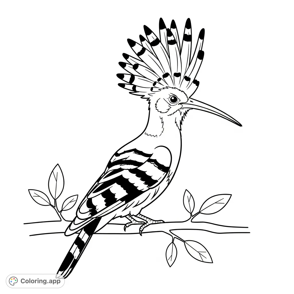 A beautiful hoopoe bird with its unique fanned crest proudly displayed, perched on a simple branch with minimal leaves. Perfect for nature lovers.