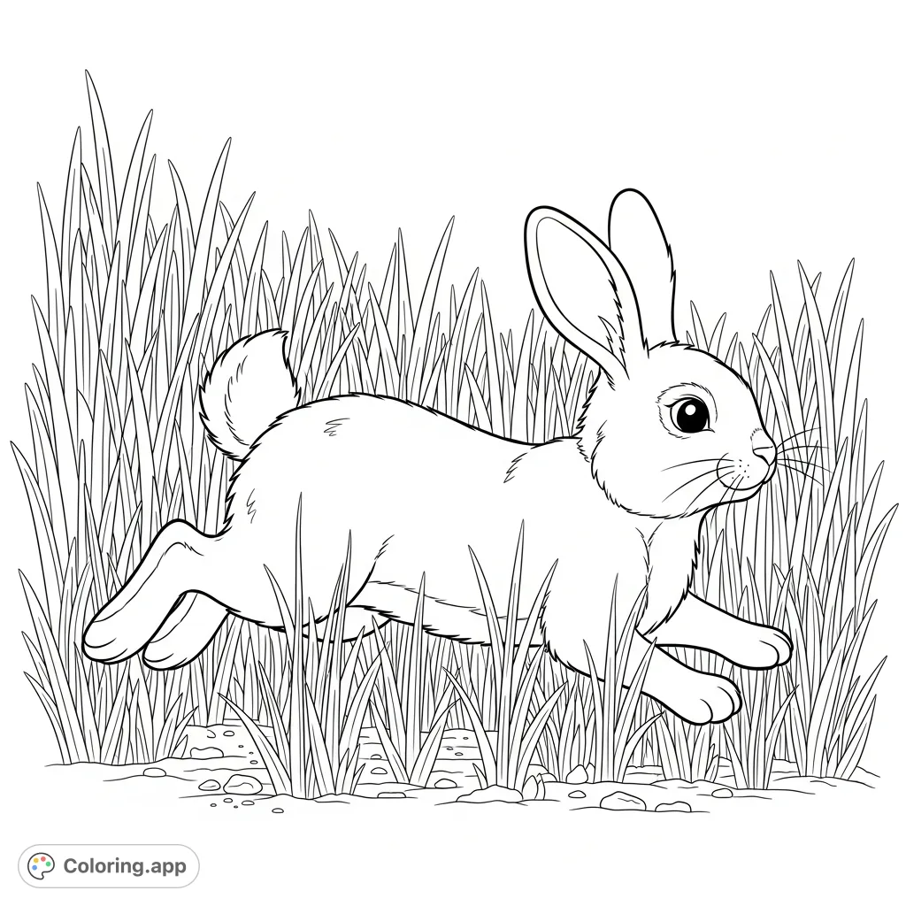 A charming scene featuring a fluffy rabbit mid-hop through a dense field of tall, slender grass. Ideal for a relaxing coloring experience.