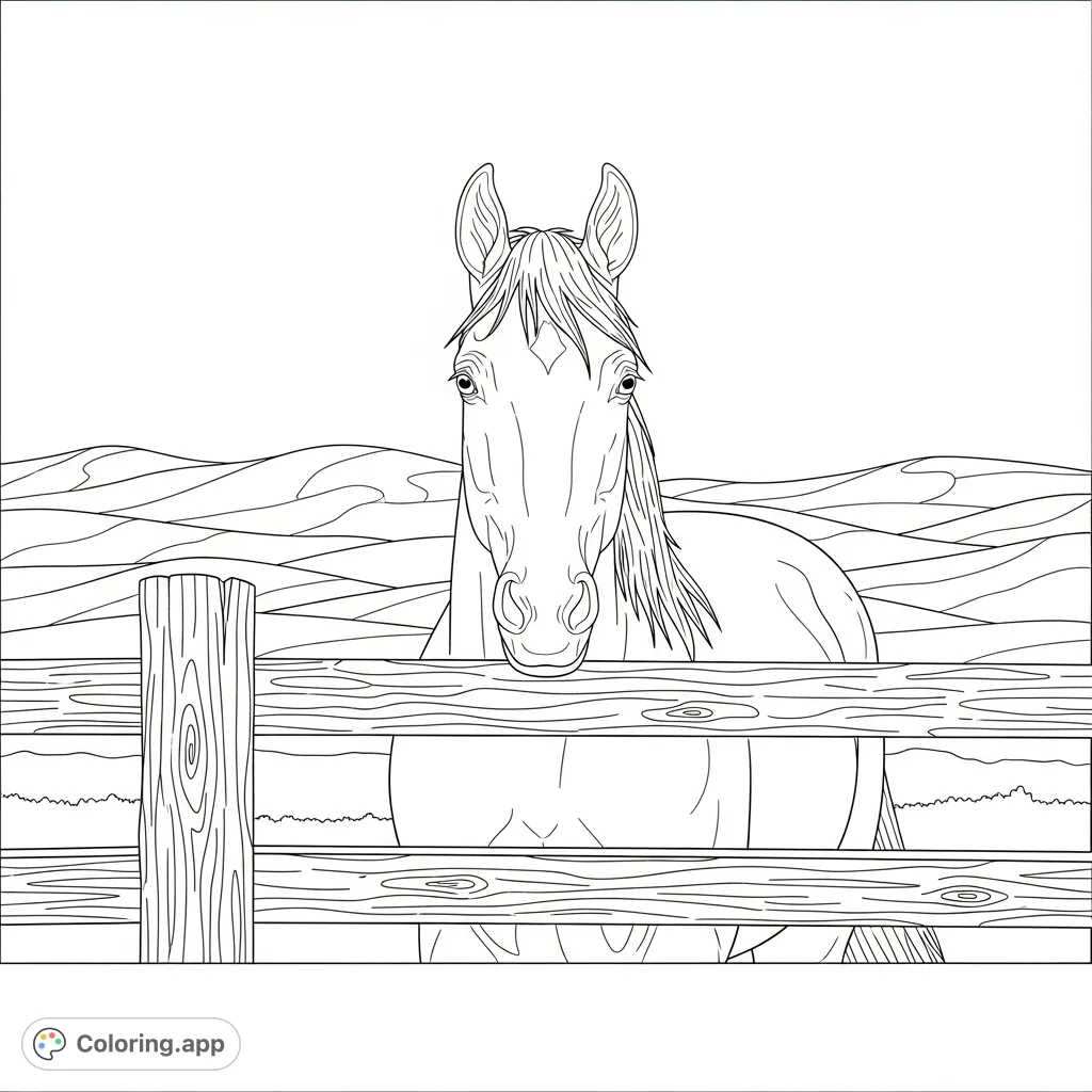 A majestic horse calmly surveys rolling distant hills from over a rustic wooden fence. A serene farm or pasture scene for peaceful coloring.