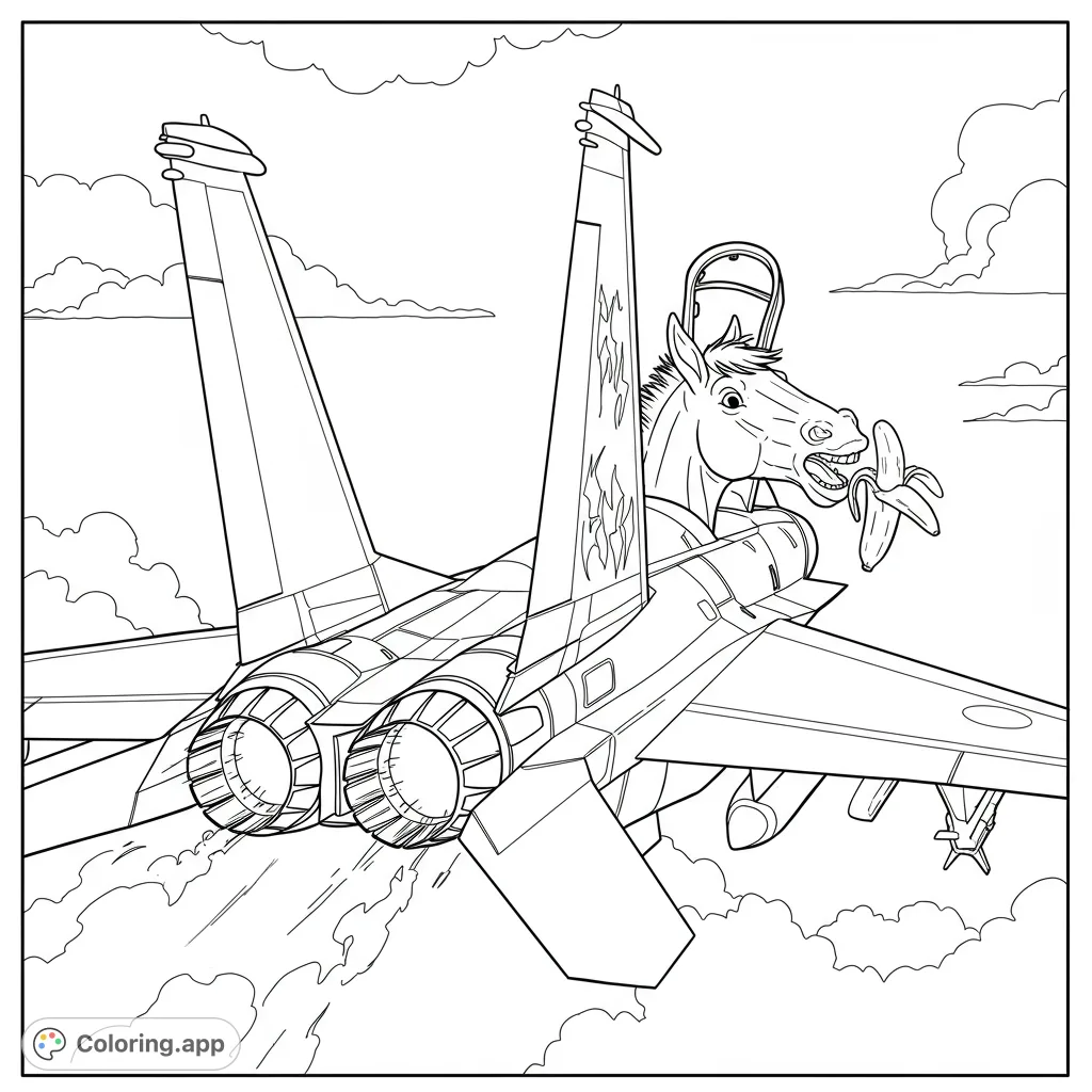 A hilarious horse pilot in a fighter jet, munching a banana mid-flight. A unique and funny aviation coloring page for all ages!