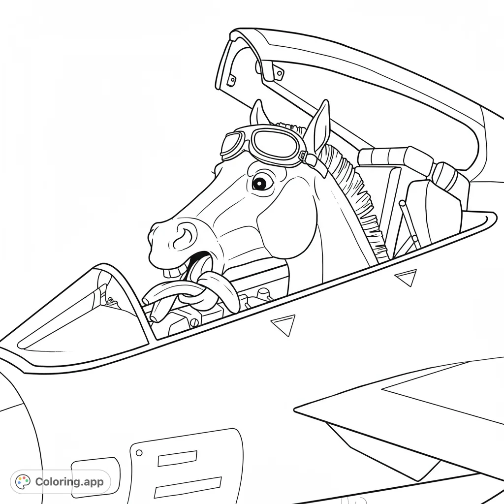 A hilarious horse pilot in a jet cockpit, wearing goggles and comically eating bananas. A unique and funny animal pilot coloring page for all ages.