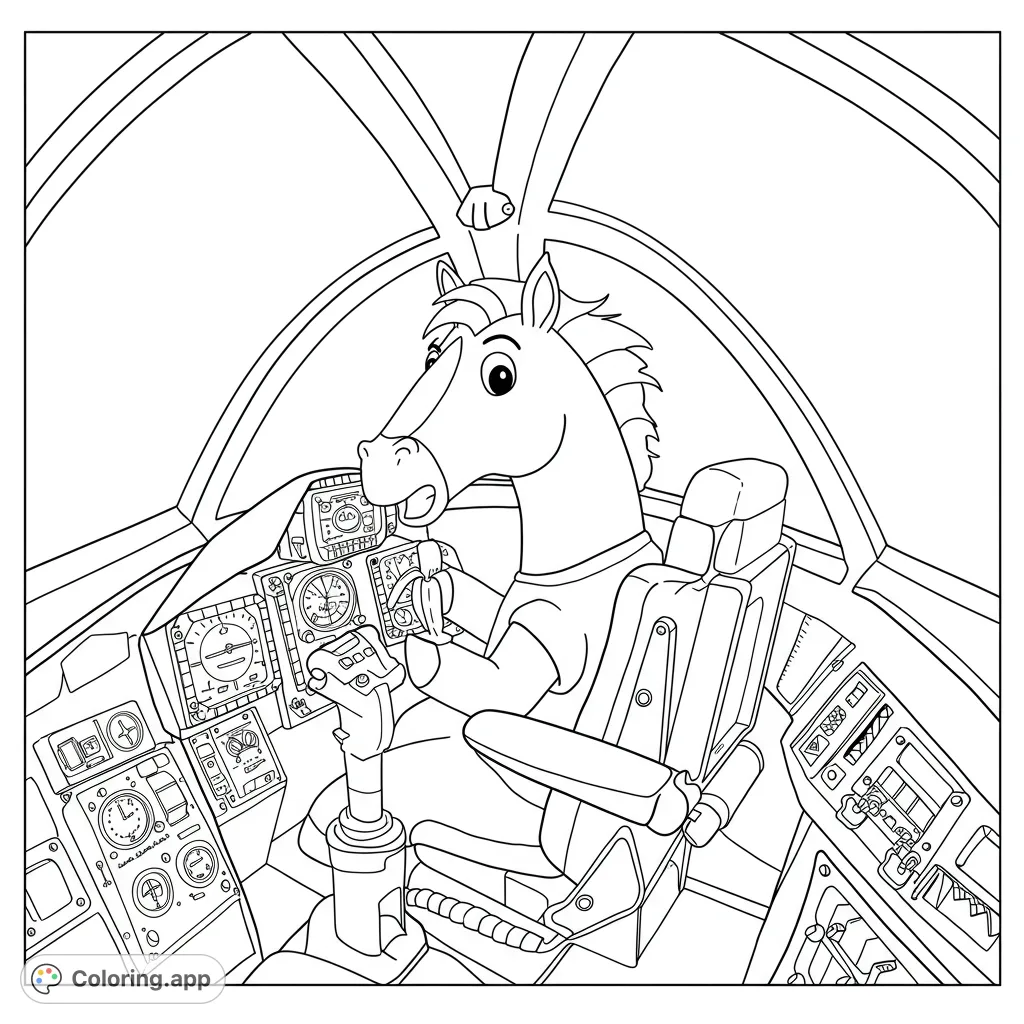 An adventurous horse pilot in a detailed airplane cockpit, ready for takeoff. A fun, free printable coloring page for all ages.