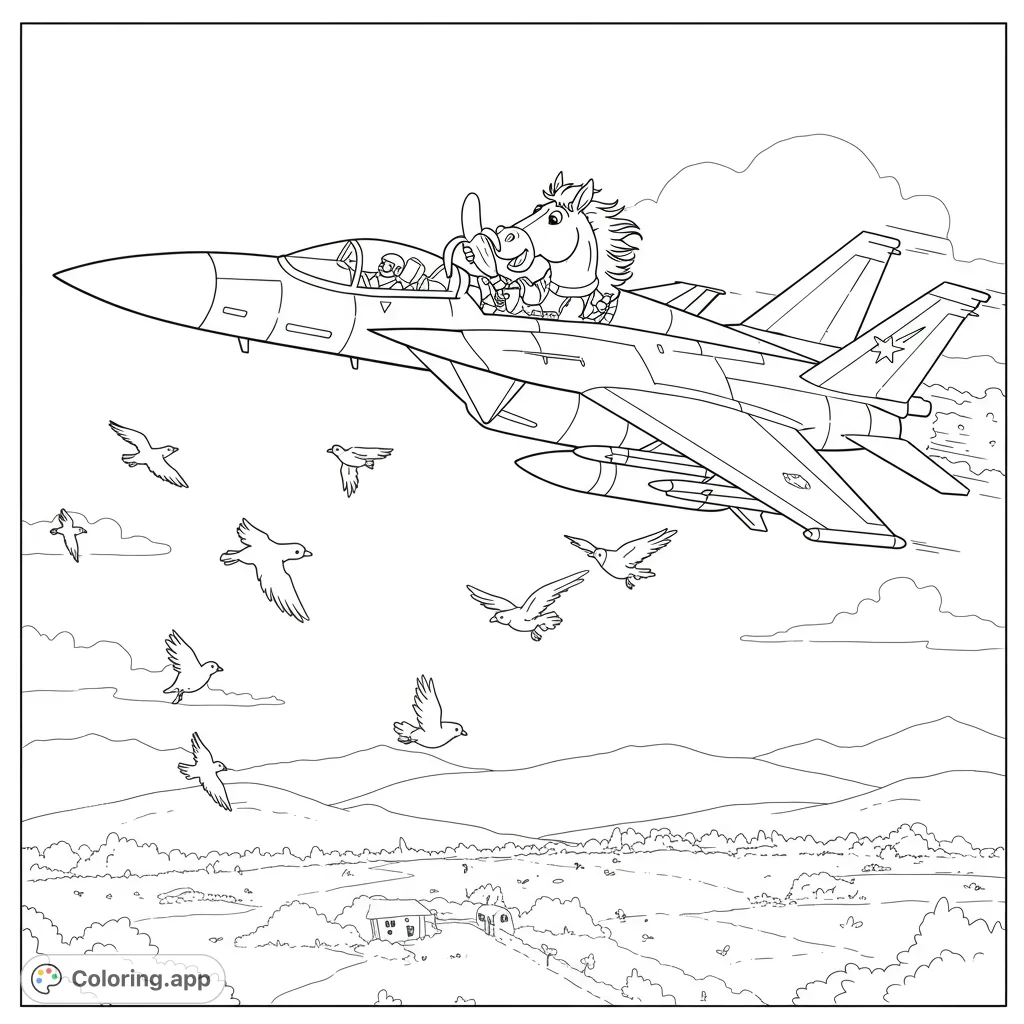 An adventurous horse pilots a sleek jet plane through the sky, accompanied by flying birds over a detailed landscape. A fun, imaginative scene.